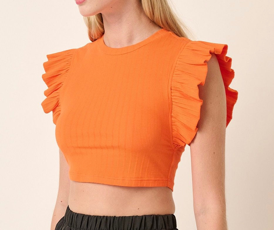1364 Rib Ruffle Detail Crop Top