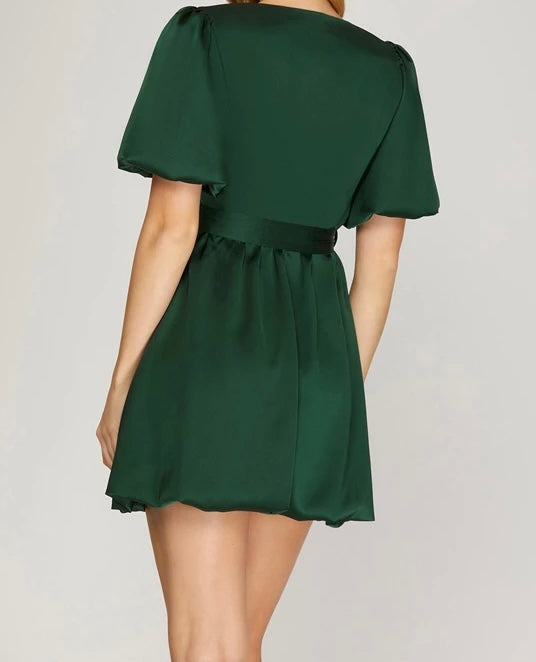 1055 Satin Dress w Balloon Skirt