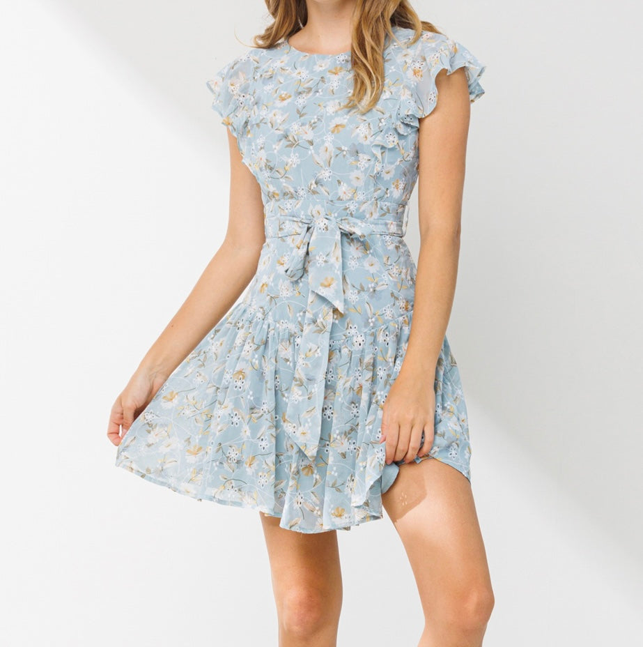 0886 Floral Print Ruffle Dress