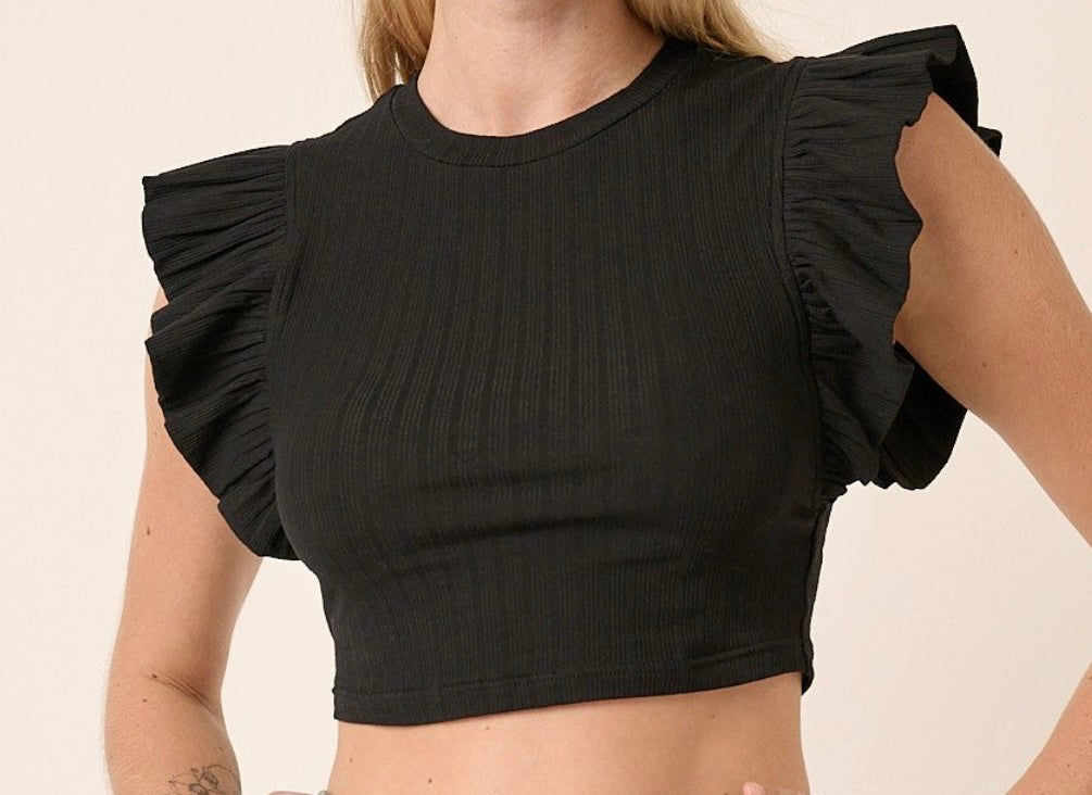1364 Rib Ruffle Detail Crop Top