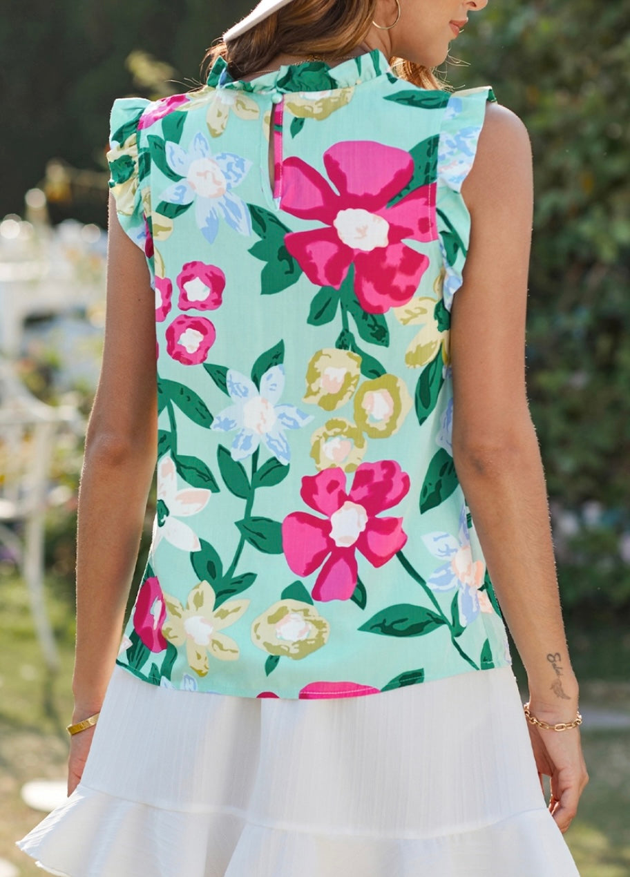 1424 Floral Print Ruffle Tank Top