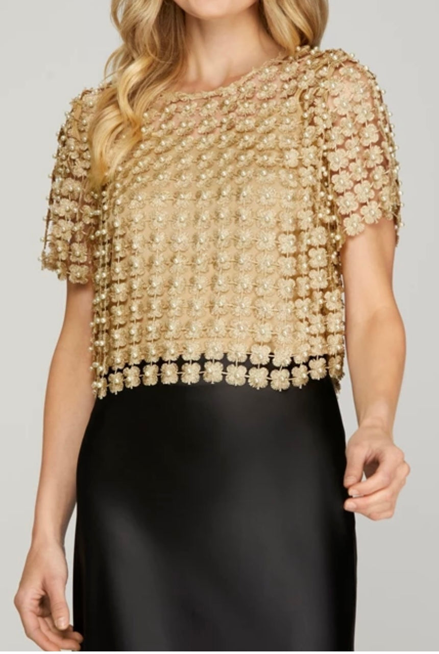 1590 Crochet Lace Pearl Beaded Top