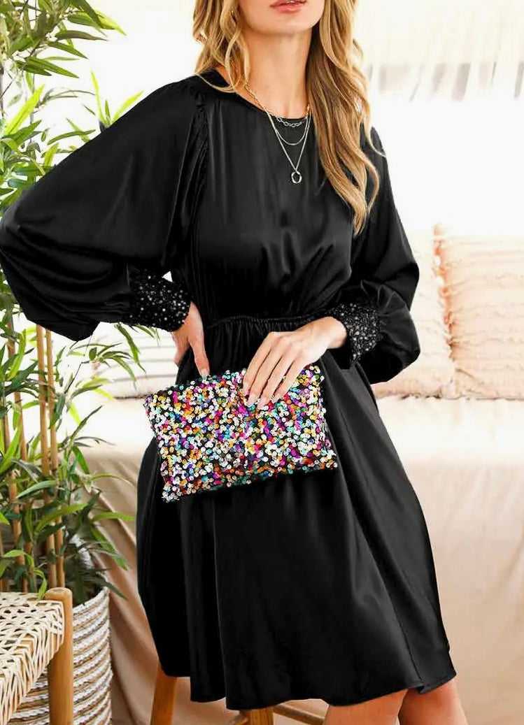 1187 Sequin Detail Cuff Satin Midi Dress