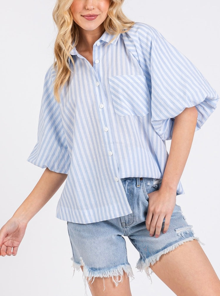 1607 Striped Short Puff Sleeve Top
