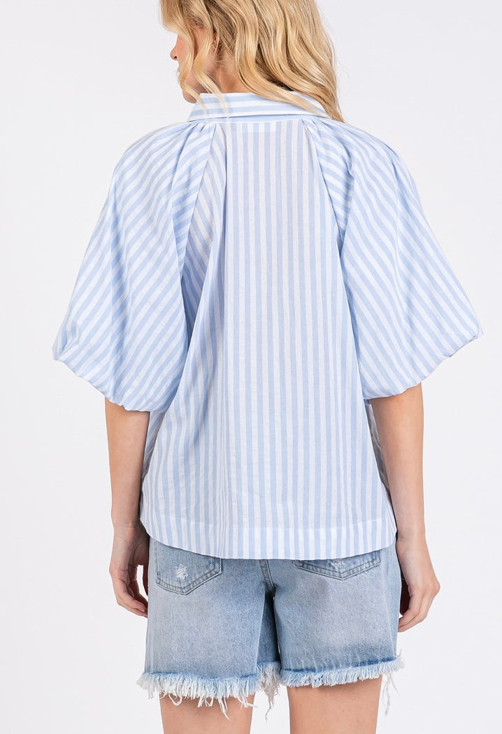 1607 Striped Short Puff Sleeve Top