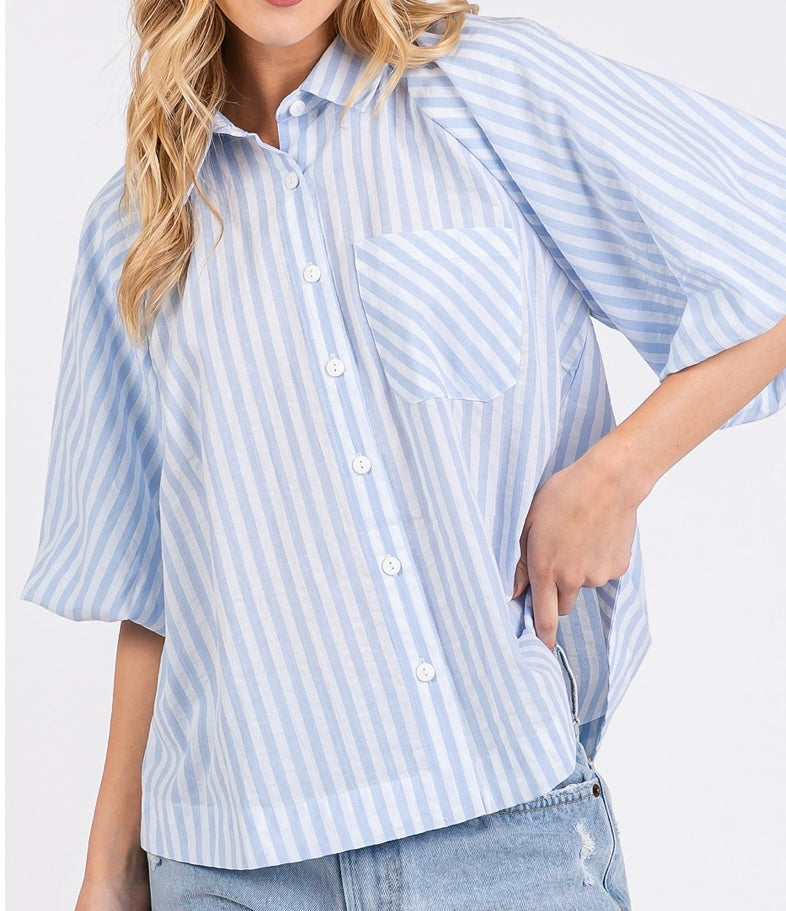 1607 Striped Short Puff Sleeve Top