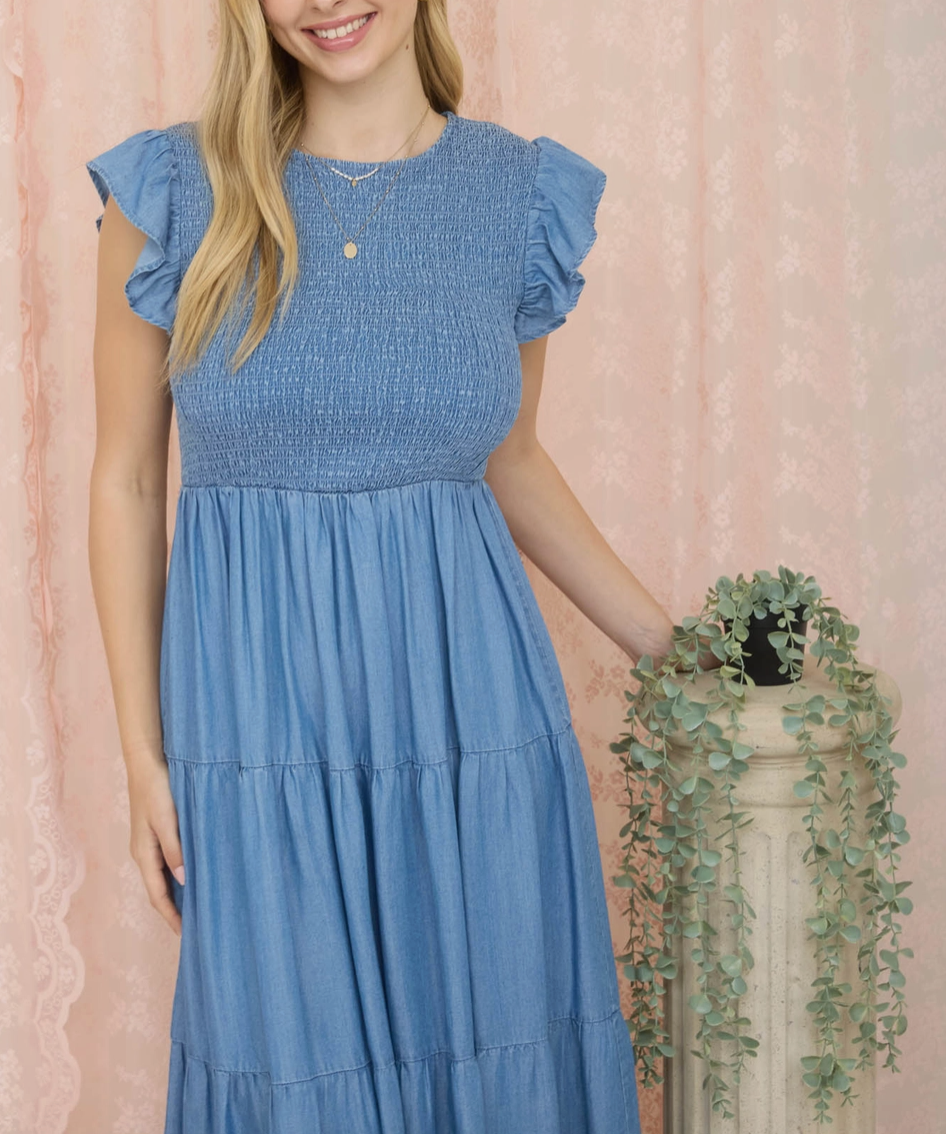 1930 Smocked Tiered Midi Dress