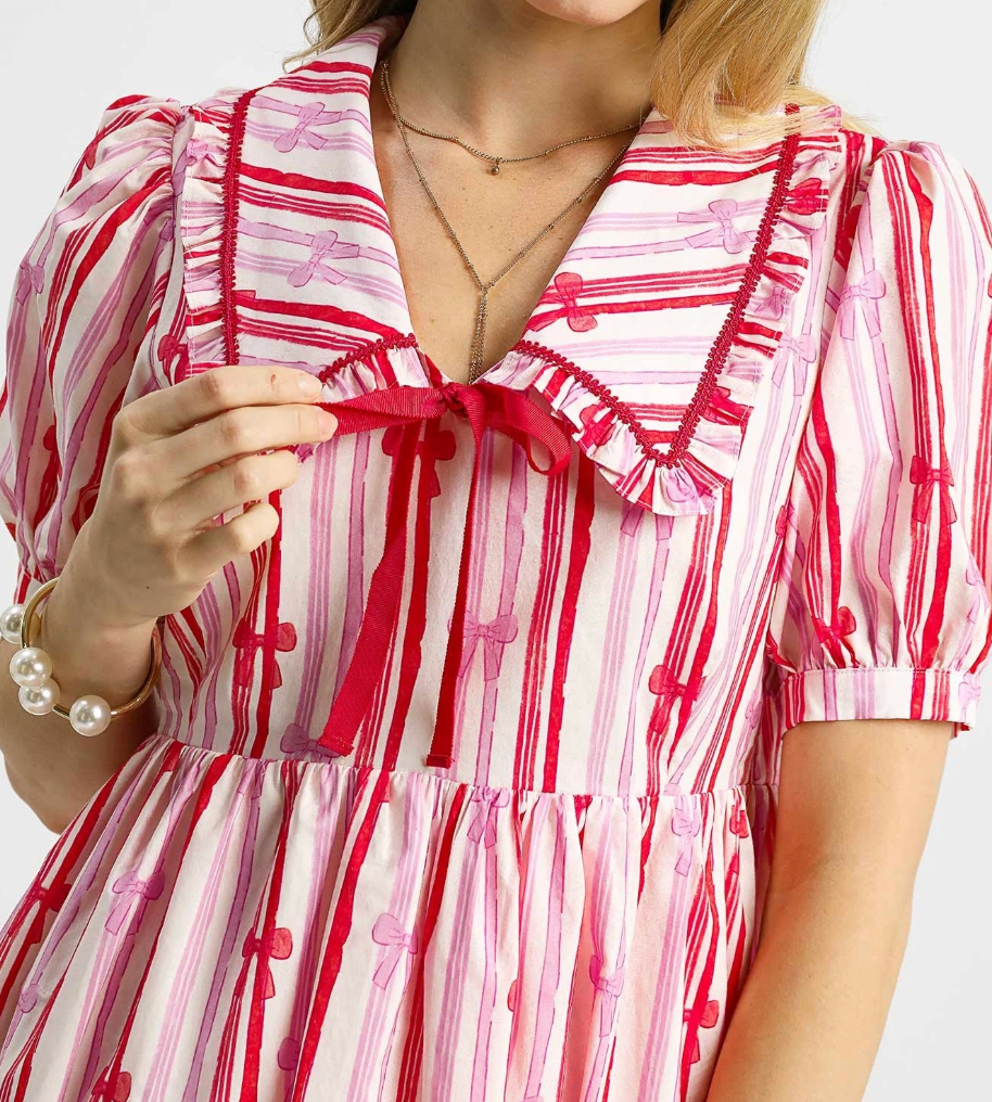 2090 Striped Bow Print Babydoll Dress
