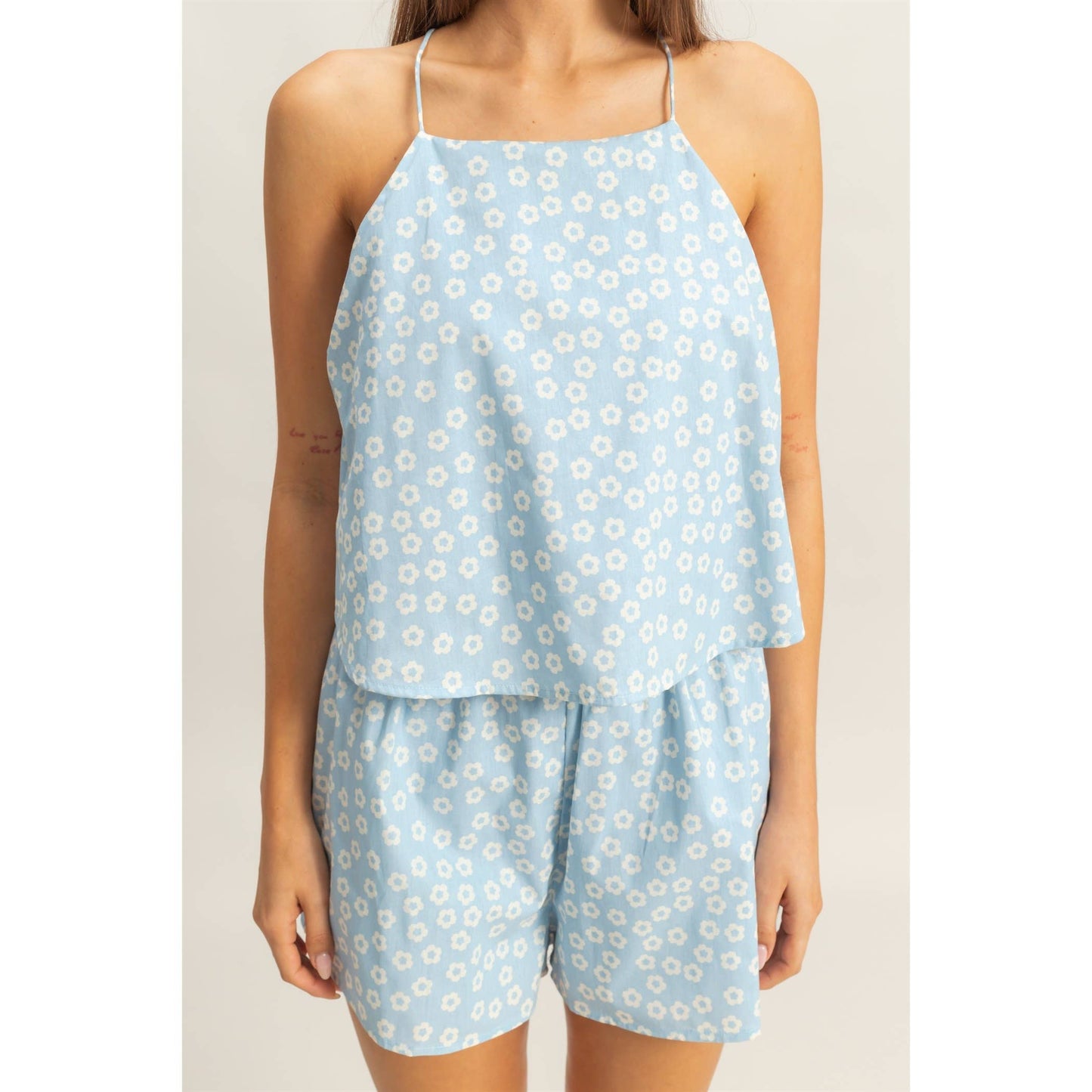 2060 Ditsy Print Halter Neck Open Back Romper