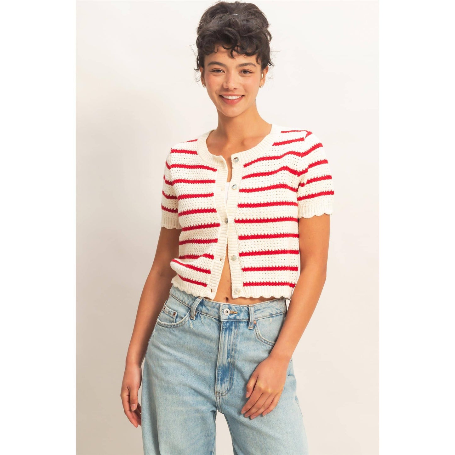 2012 Striped Short Sleeve Cardigan With Scallop Edge