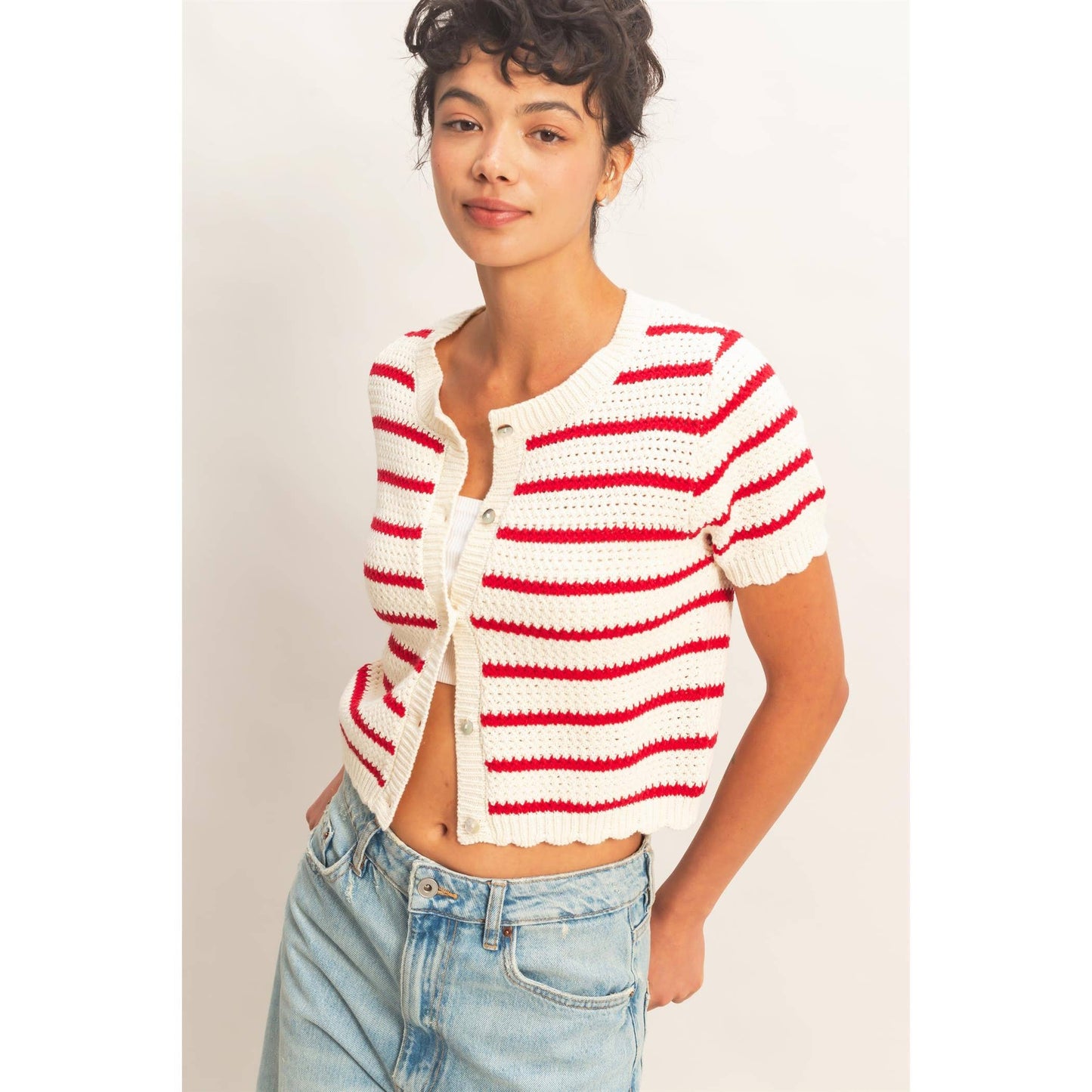 2012 Striped Short Sleeve Cardigan With Scallop Edge