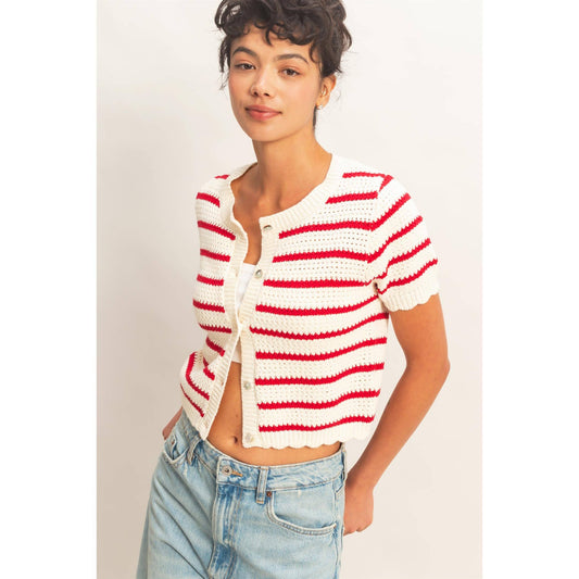 2012 Striped Short Sleeve Cardigan With Scallop Edge