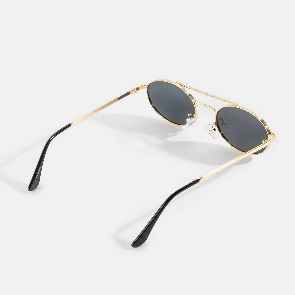 2028 Slim Oval Double Bridge Metal Frame Sunglasses
