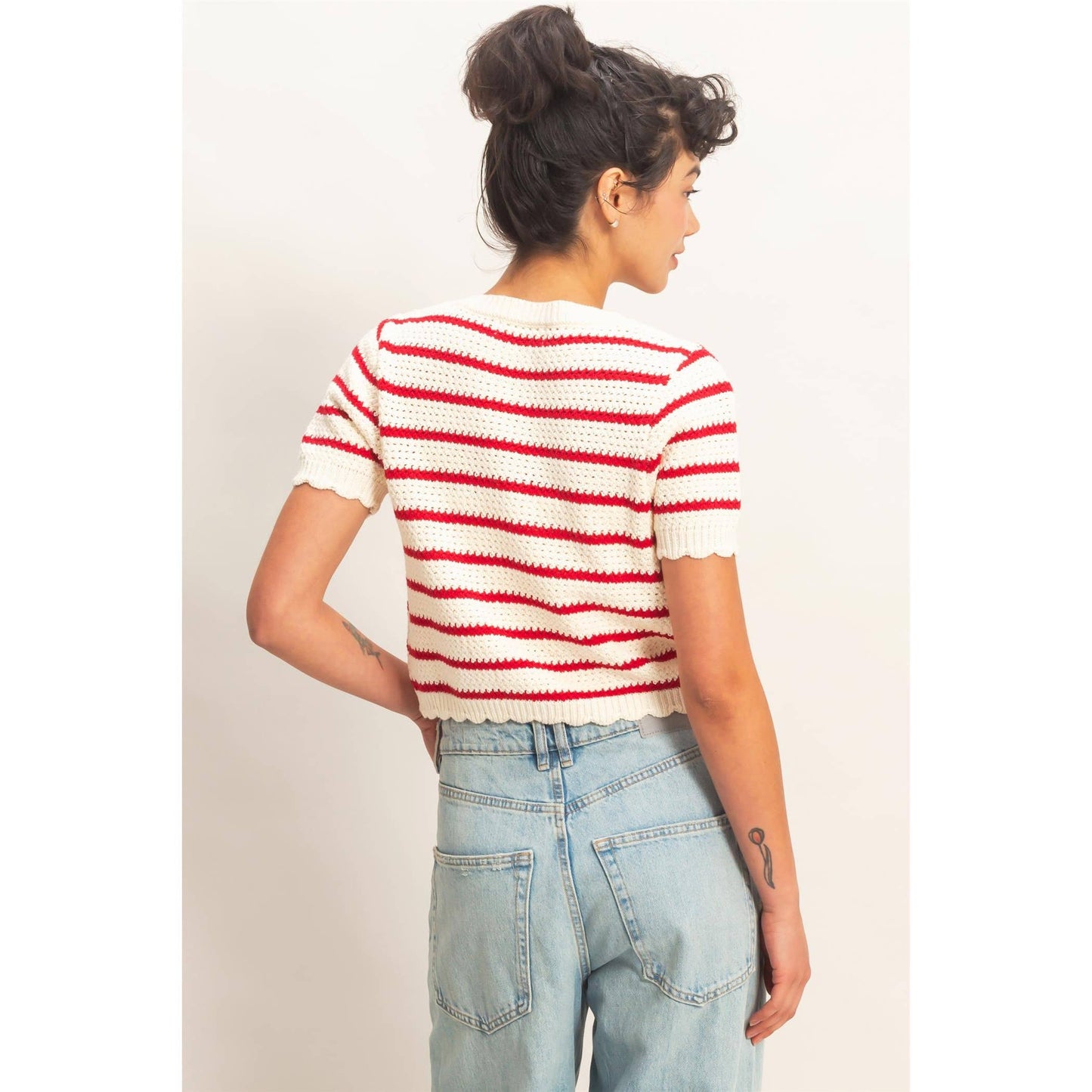 2012 Striped Short Sleeve Cardigan With Scallop Edge