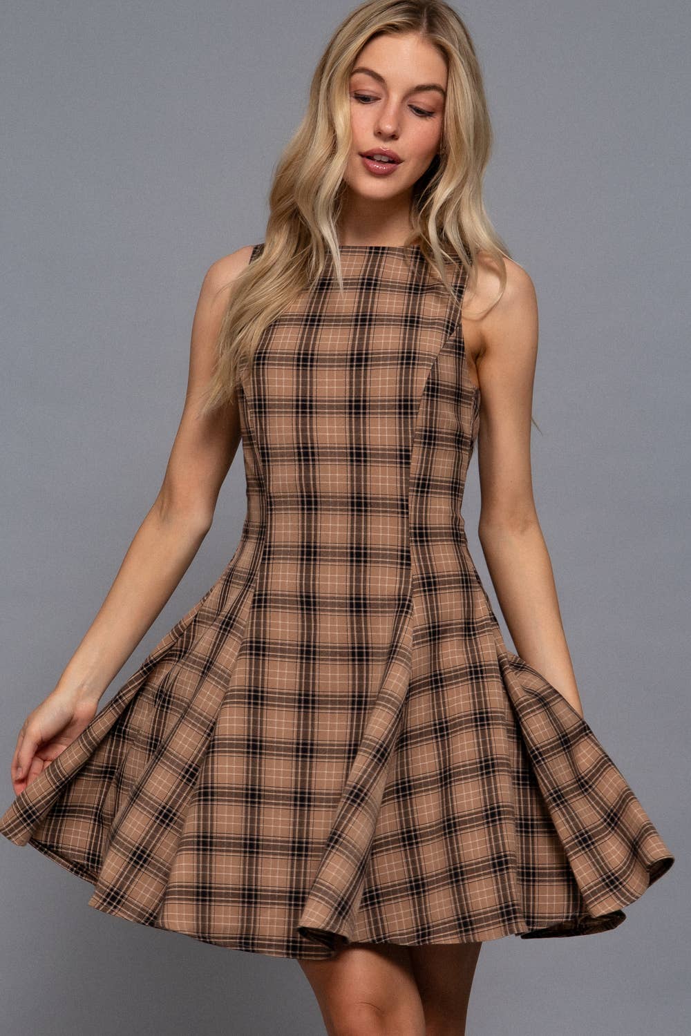 2141 Sleeveless Boat Neck Swing Plaid Woven Mini Dress