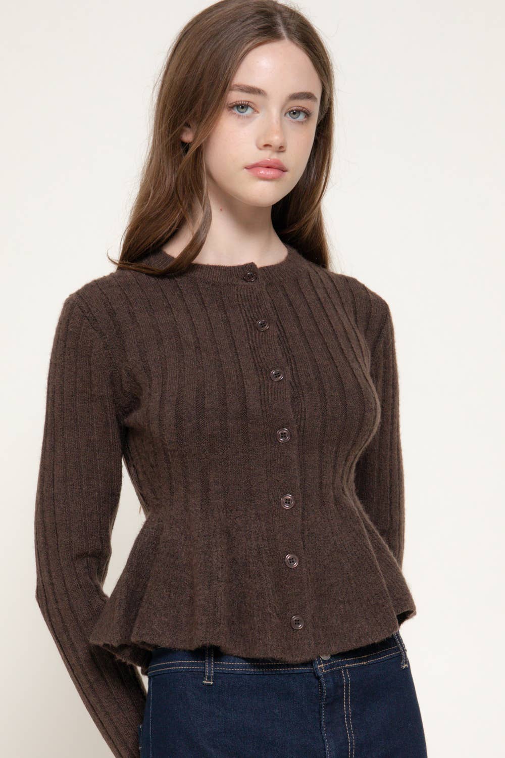 2143 Long Sleeve Round Neck Button Down Peplum Sweater Cardigan