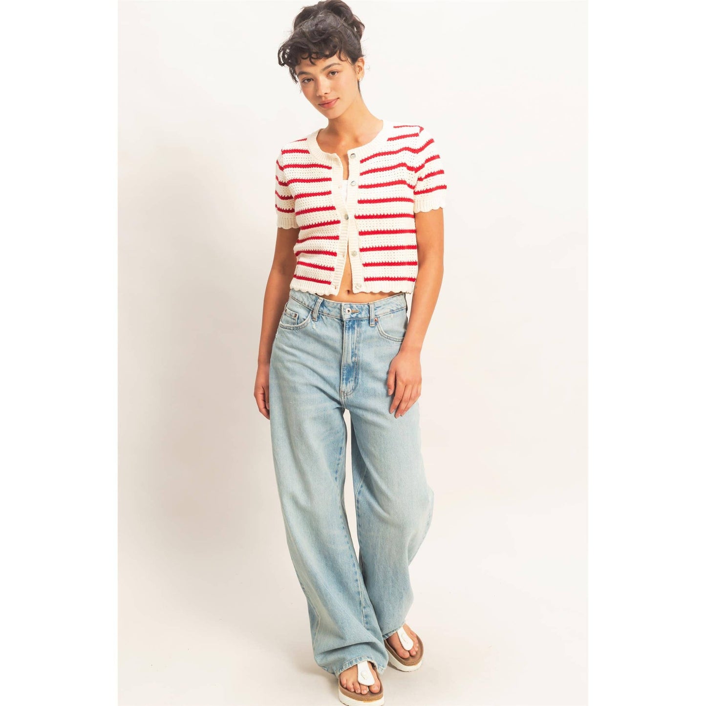 2012 Striped Short Sleeve Cardigan With Scallop Edge