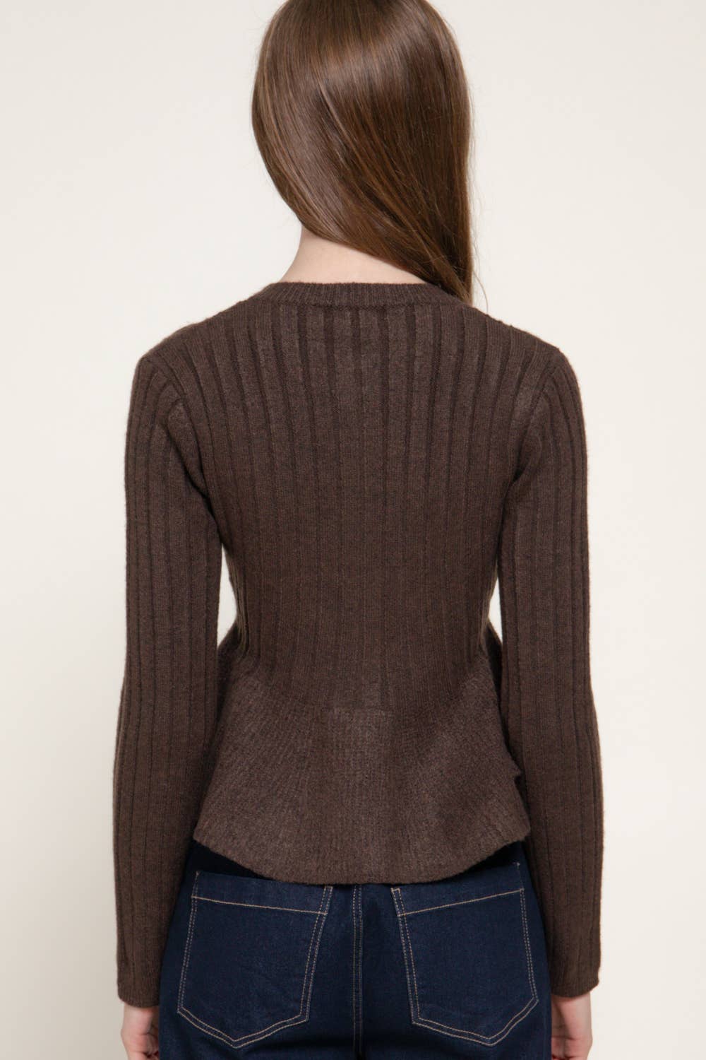 2143 Long Sleeve Round Neck Button Down Peplum Sweater Cardigan