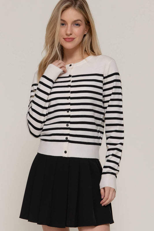 2144 Long Sleeve Crew Neck Stripe Sweater Cardigan