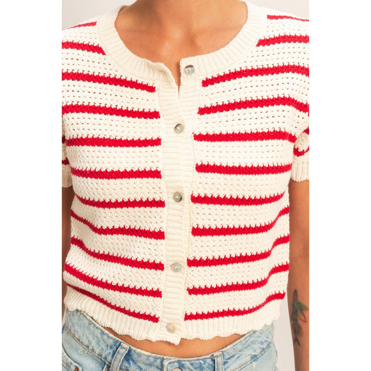 2012 Striped Short Sleeve Cardigan With Scallop Edge