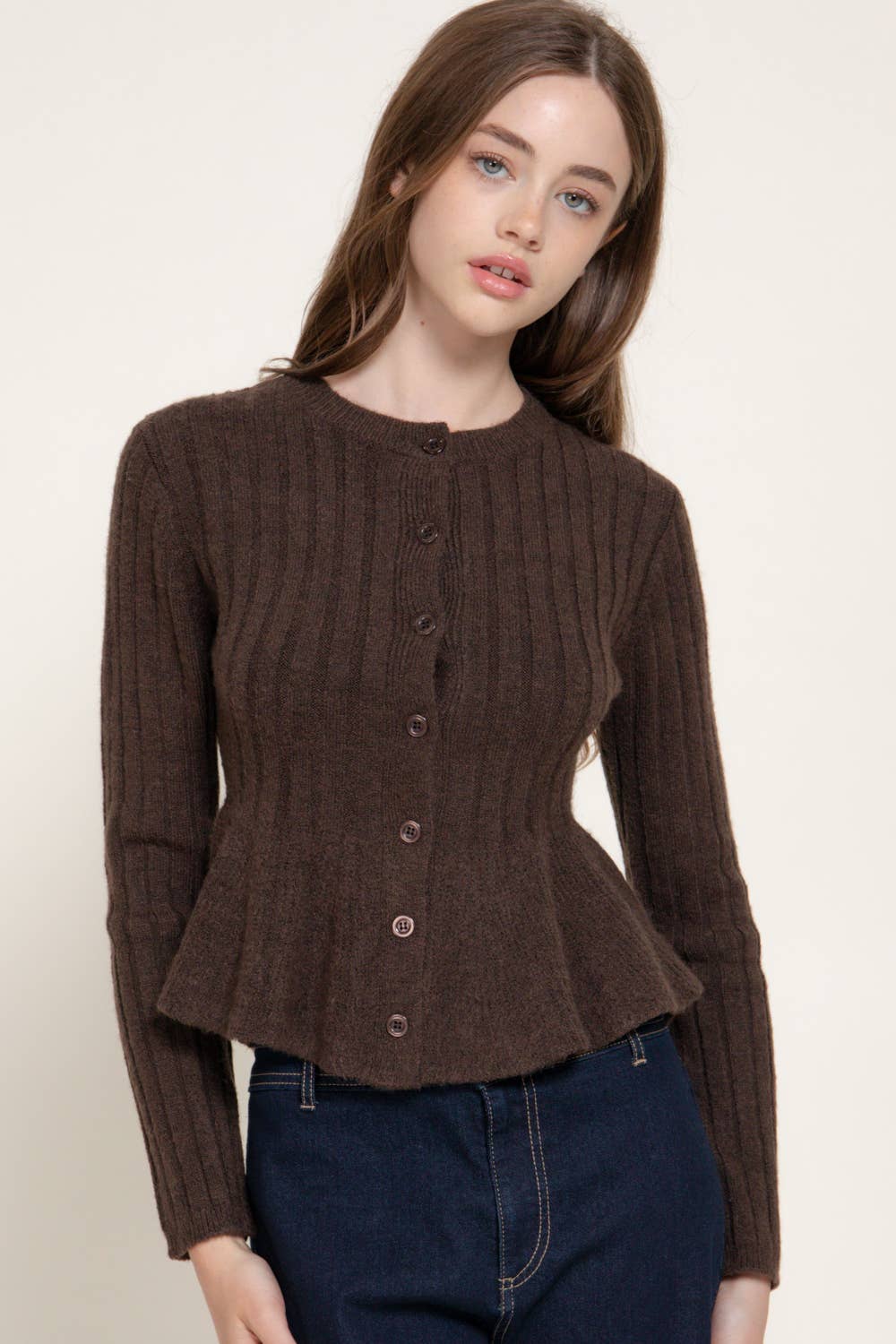 2143 Long Sleeve Round Neck Button Down Peplum Sweater Cardigan