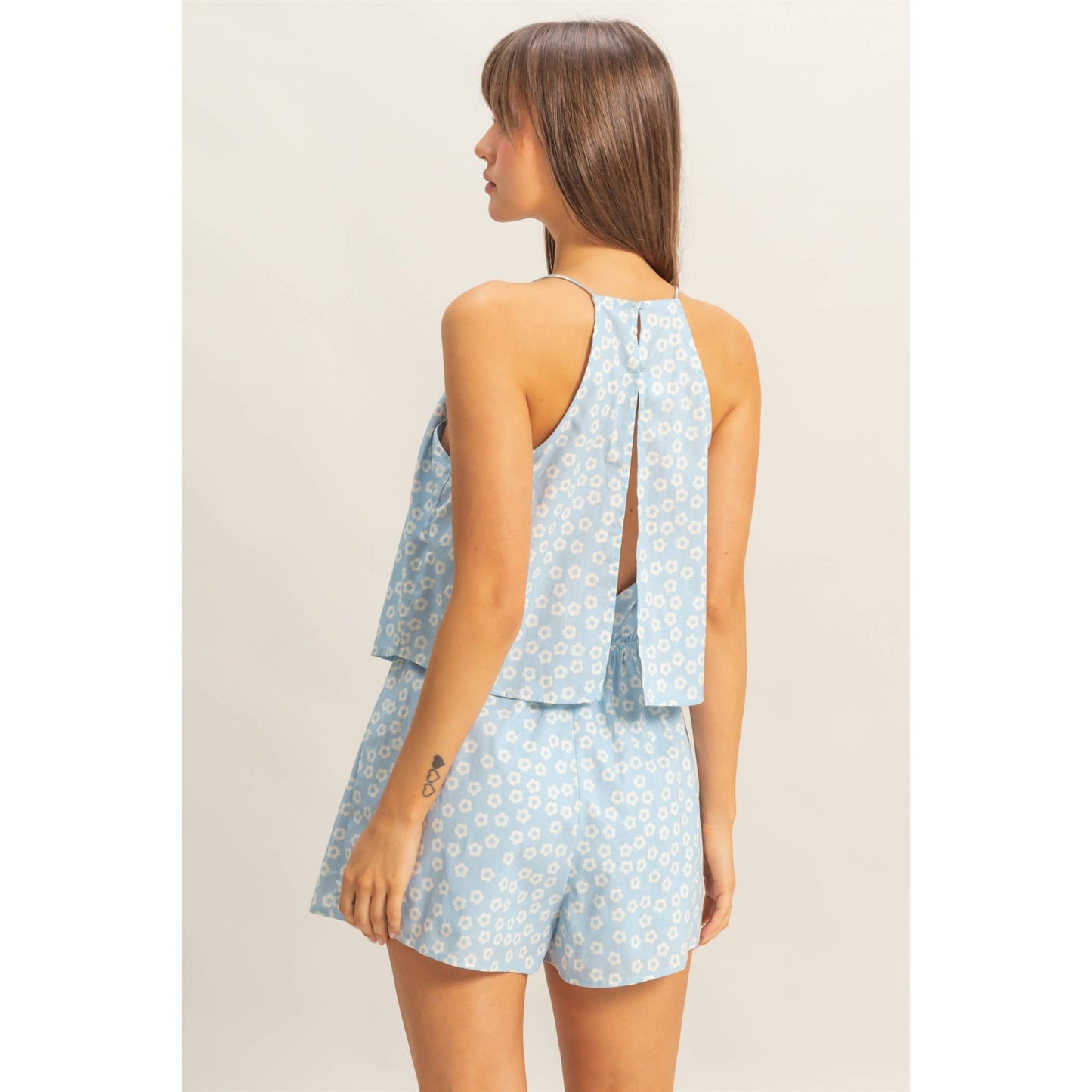 2060 Ditsy Print Halter Neck Open Back Romper