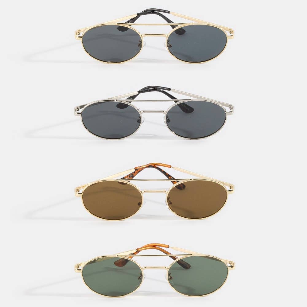 2028 Slim Oval Double Bridge Metal Frame Sunglasses