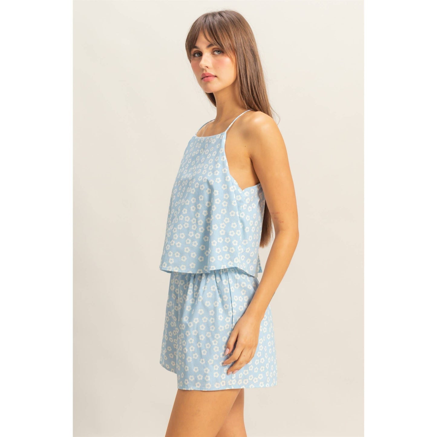 2060 Ditsy Print Halter Neck Open Back Romper