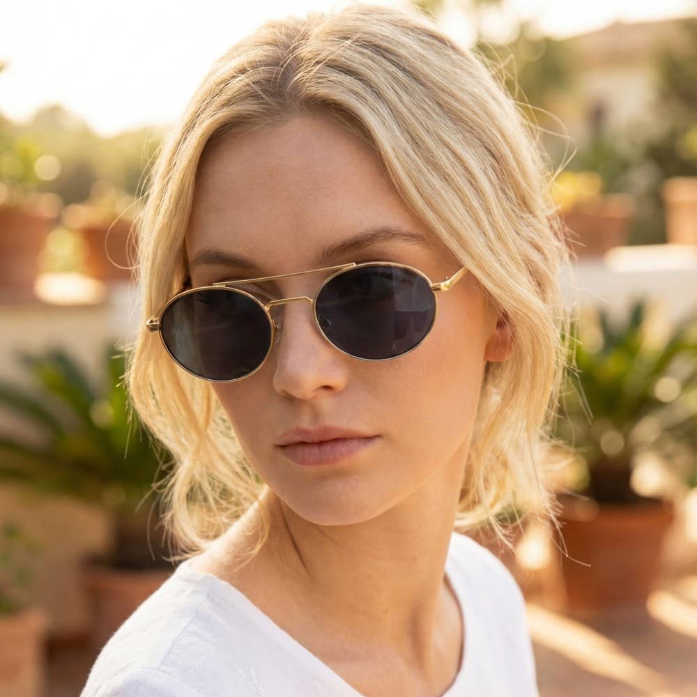 2028 Slim Oval Double Bridge Metal Frame Sunglasses