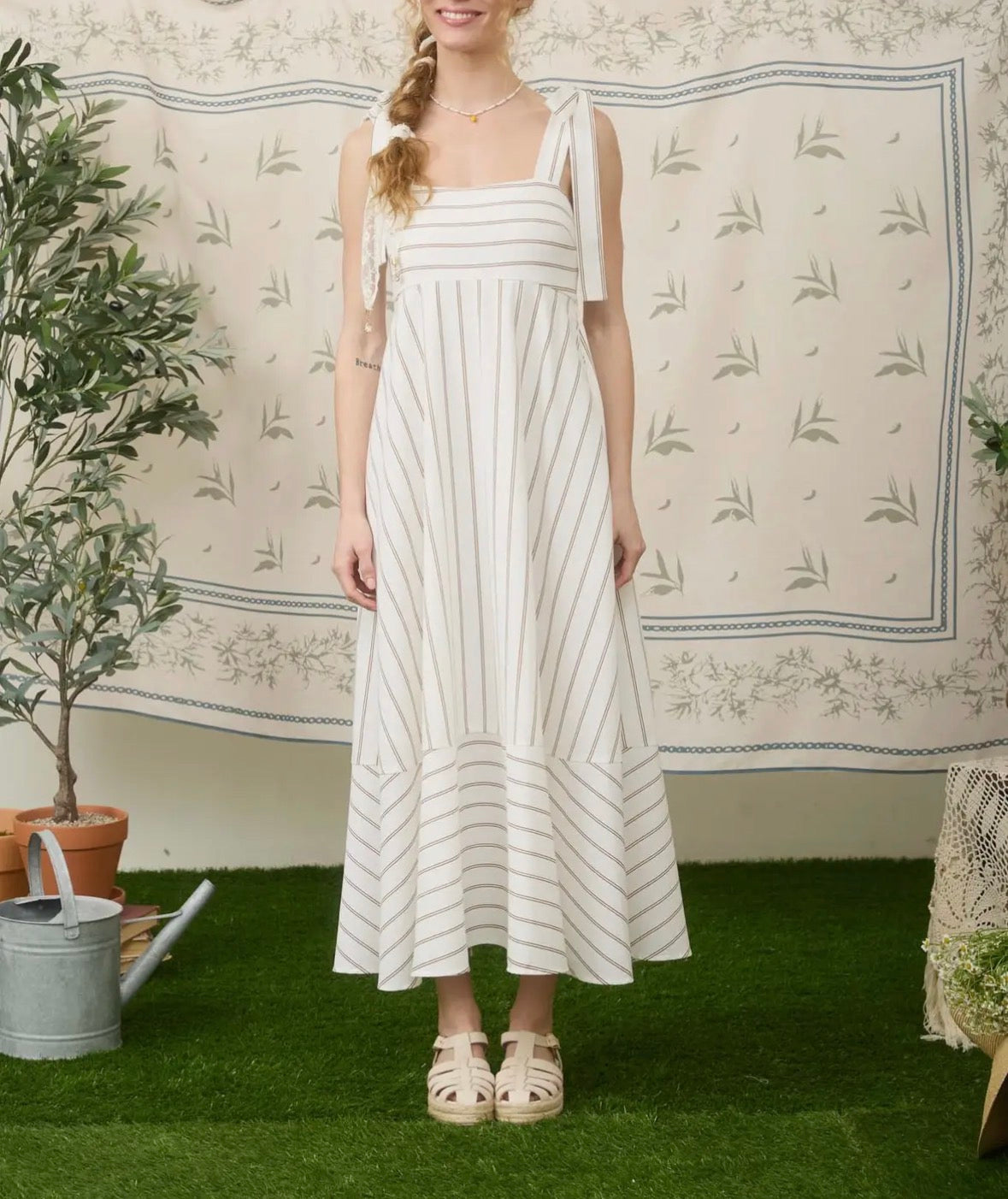 1942 Stripe Tie Strap Midi Dress