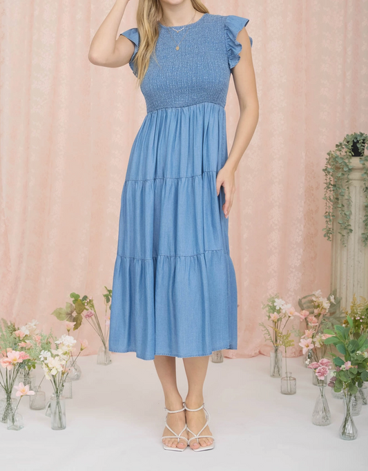 1930 Smocked Tiered Midi Dress