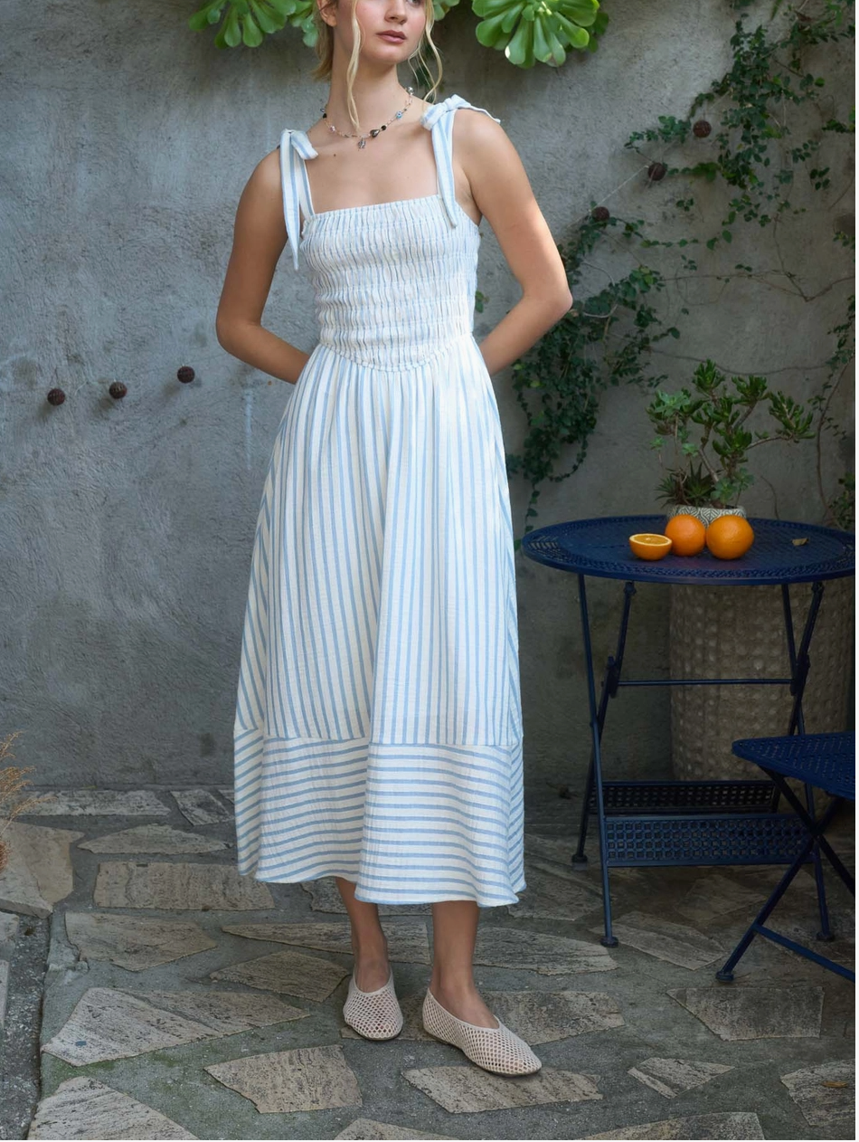 2076 Smocked Striped Midi Dress