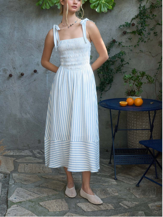 2076 Smocked Striped Midi Dress