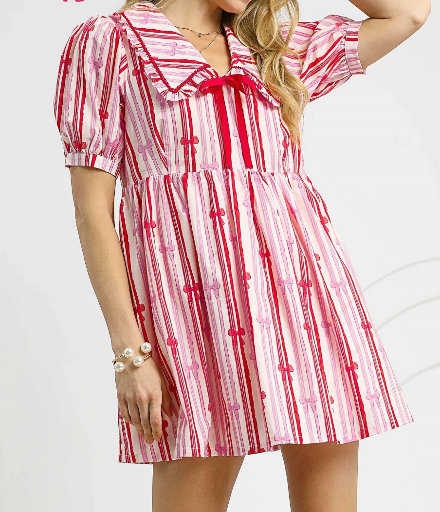 2090 Striped Bow Print Babydoll Dress
