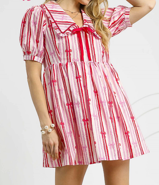 2090 Striped Bow Print Babydoll Dress