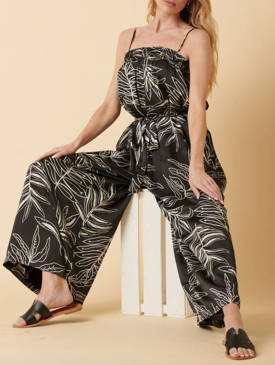1901 Leaf Print Wide Leg Jumpsuit