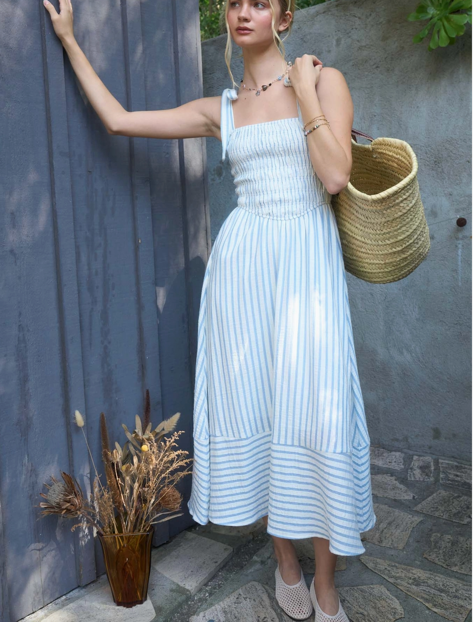 2076 Smocked Striped Midi Dress