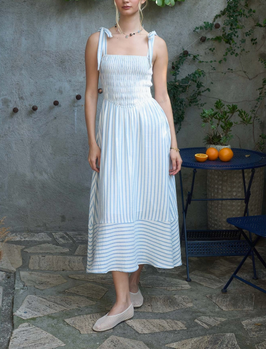 2076 Smocked Striped Midi Dress