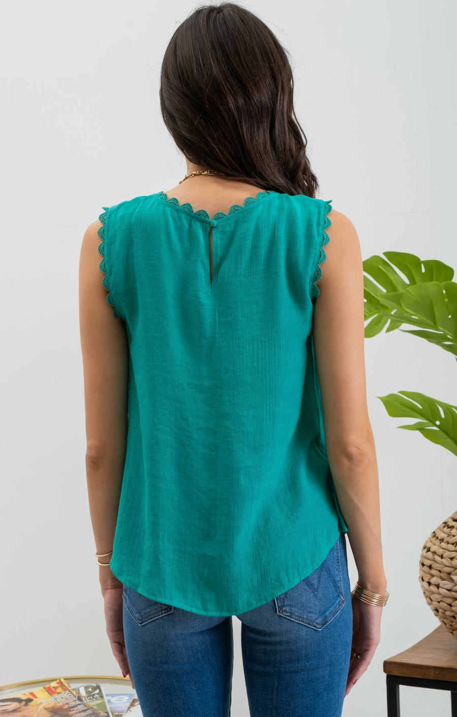 2045 Sleeveless Lace Edge Woven Top