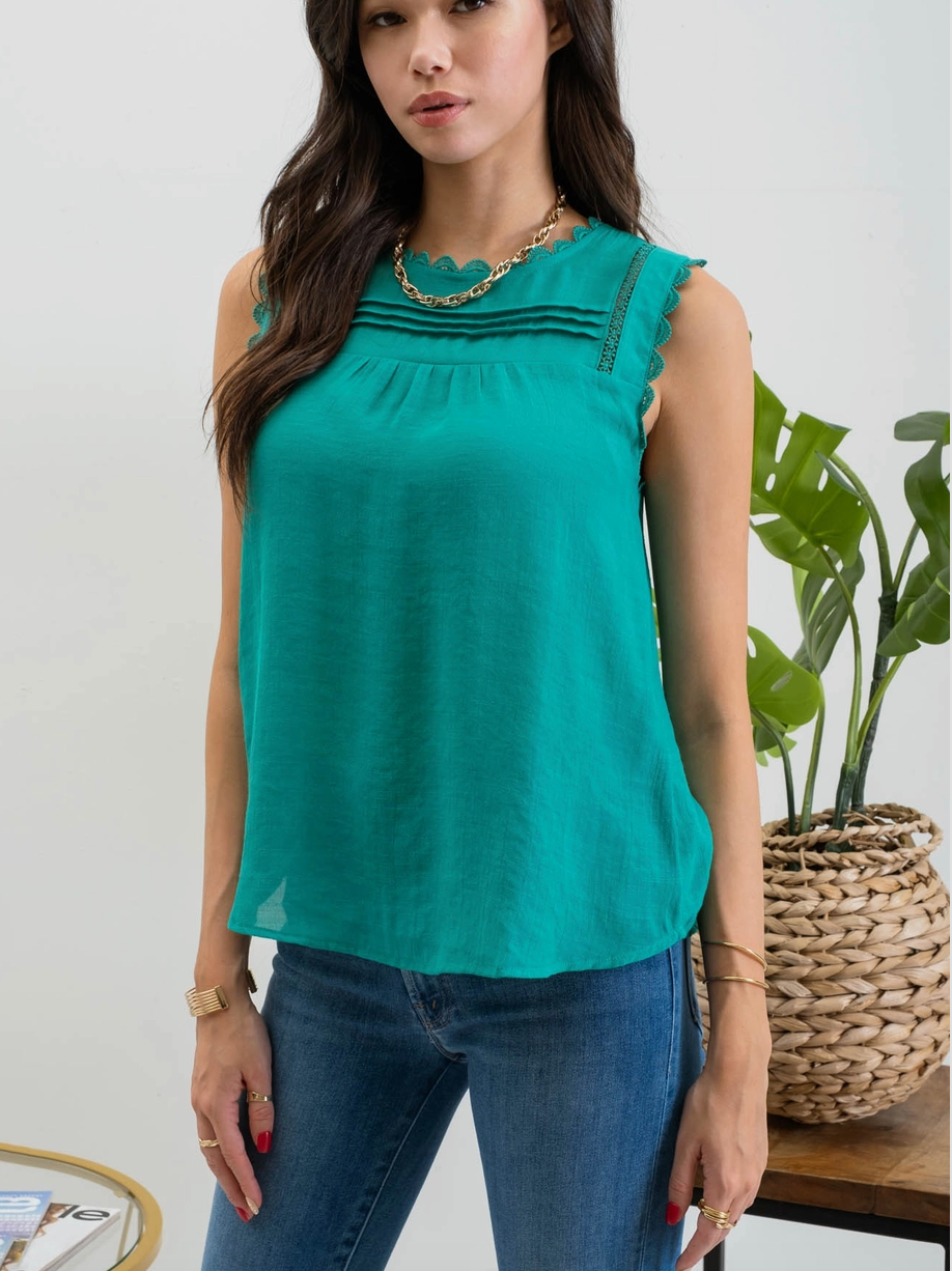 2045 Sleeveless Lace Edge Woven Top