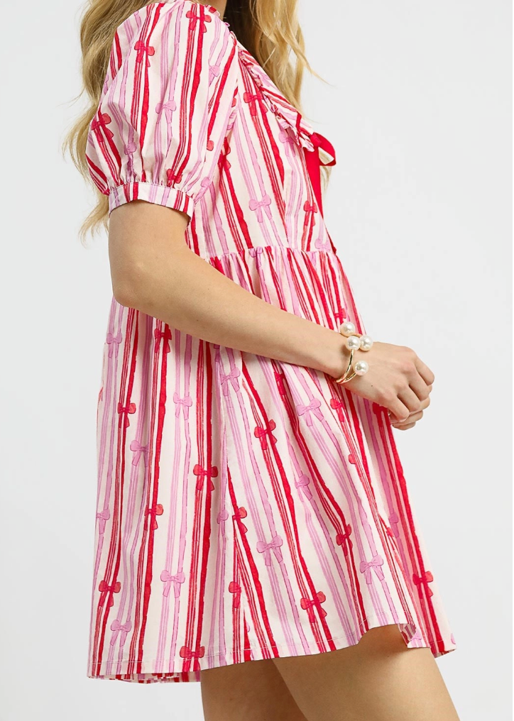 2090 Striped Bow Print Babydoll Dress
