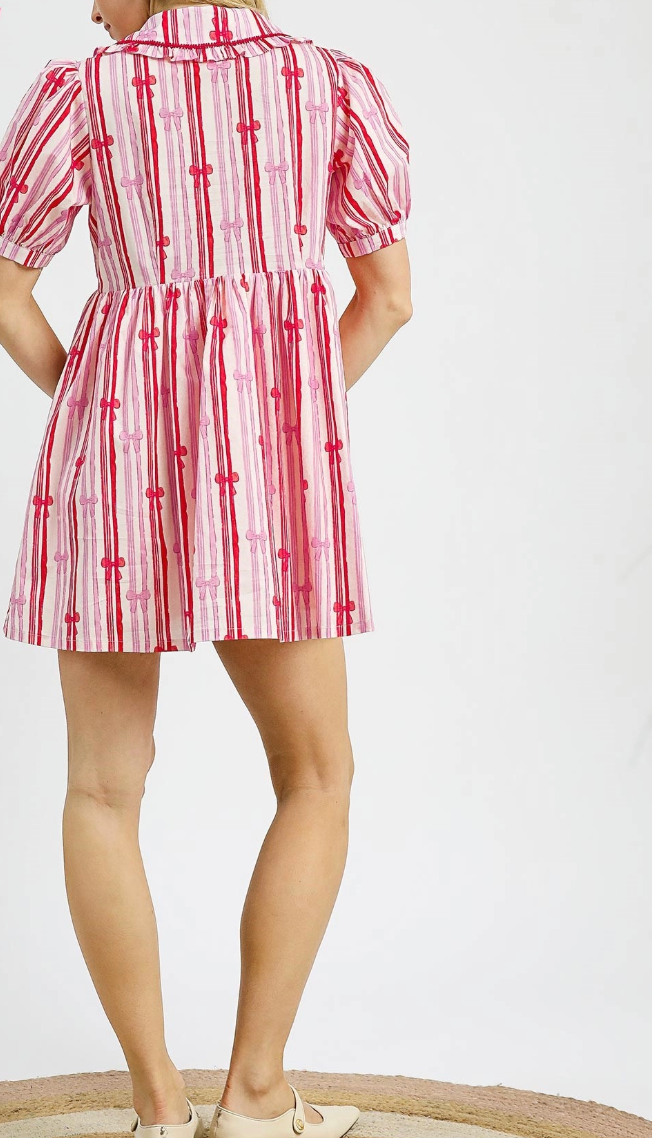 2090 Striped Bow Print Babydoll Dress