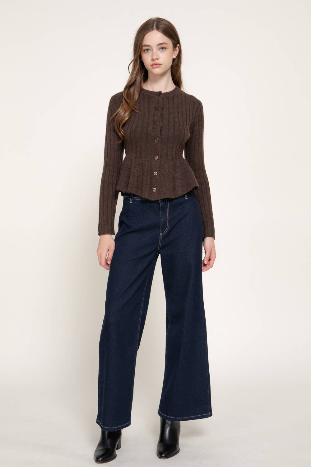 2143 Long Sleeve Round Neck Button Down Peplum Sweater Cardigan