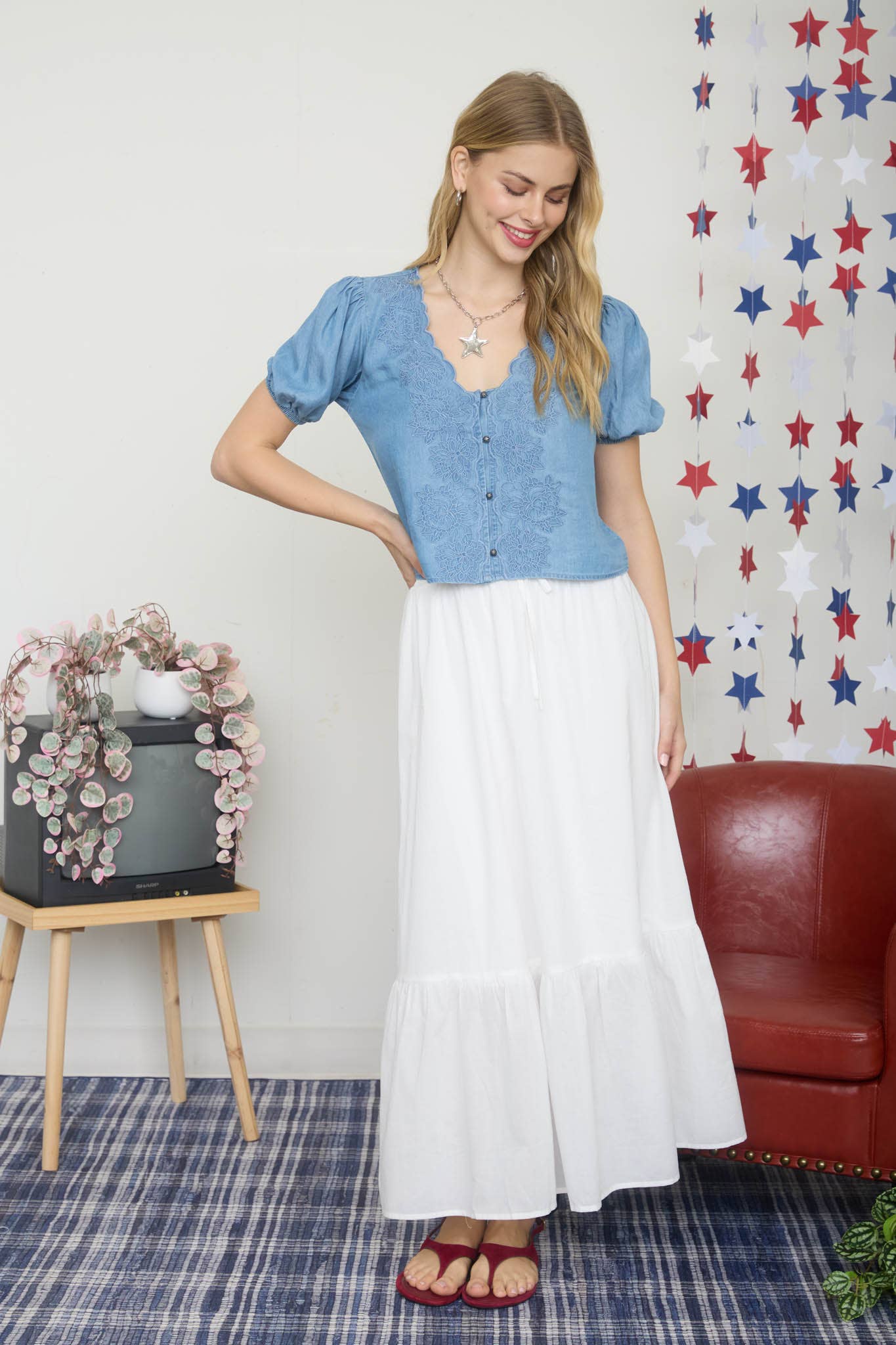 2050 Scallop Trim Embroidery Top