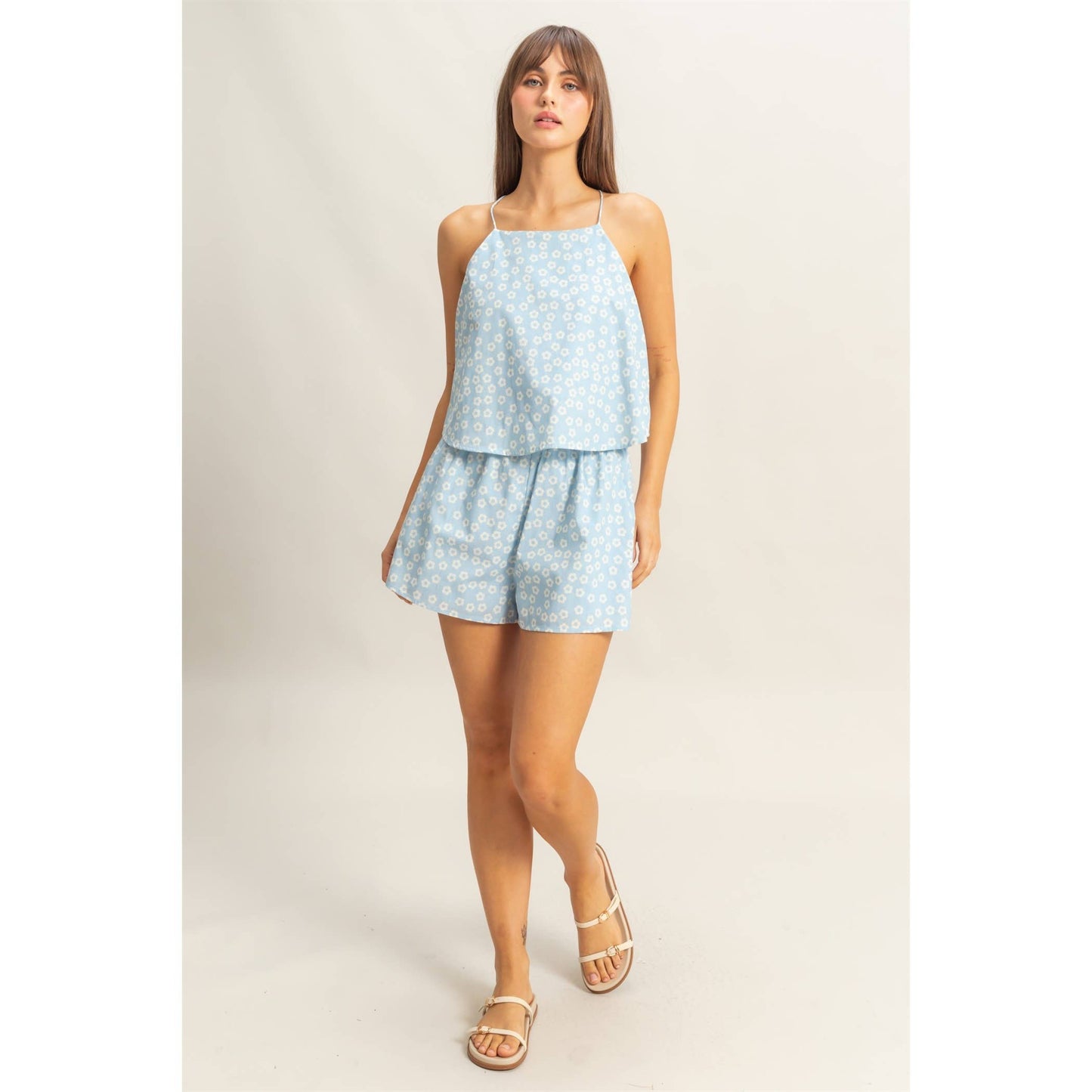 2060 Ditsy Print Halter Neck Open Back Romper