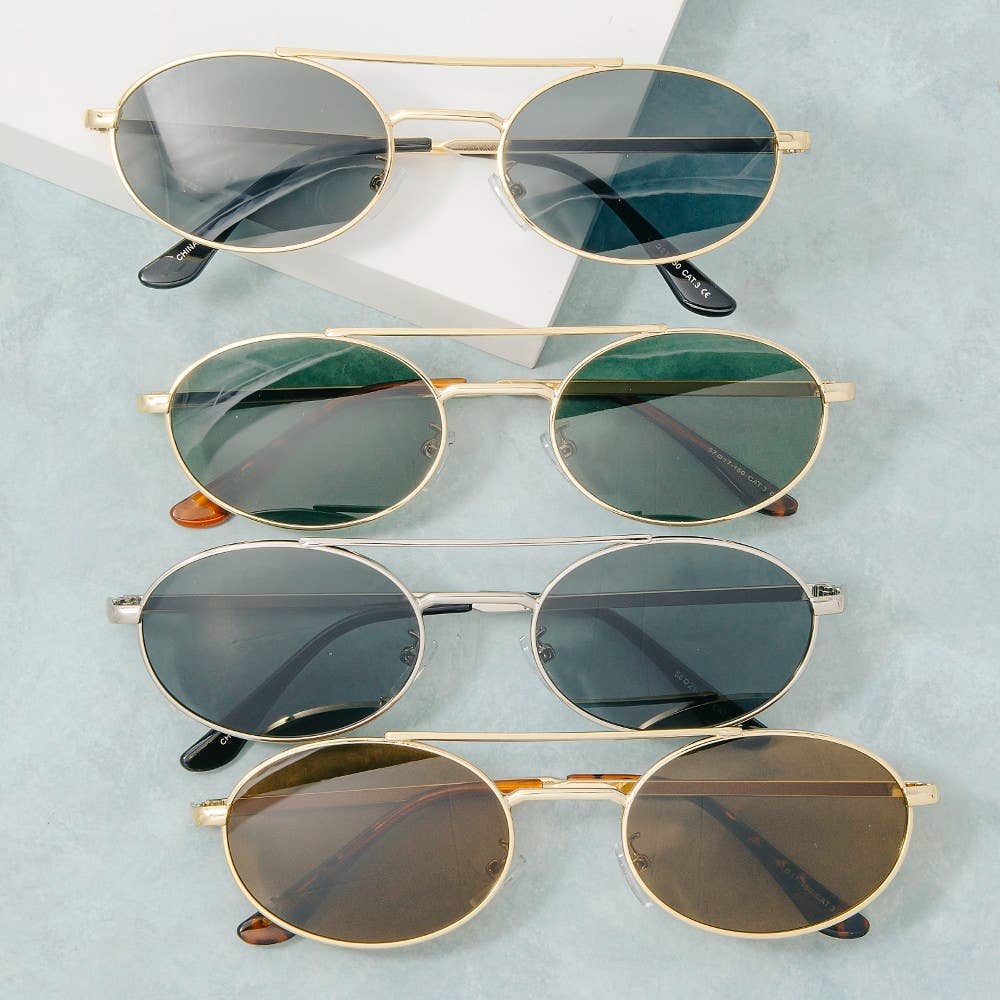 2028 Slim Oval Double Bridge Metal Frame Sunglasses