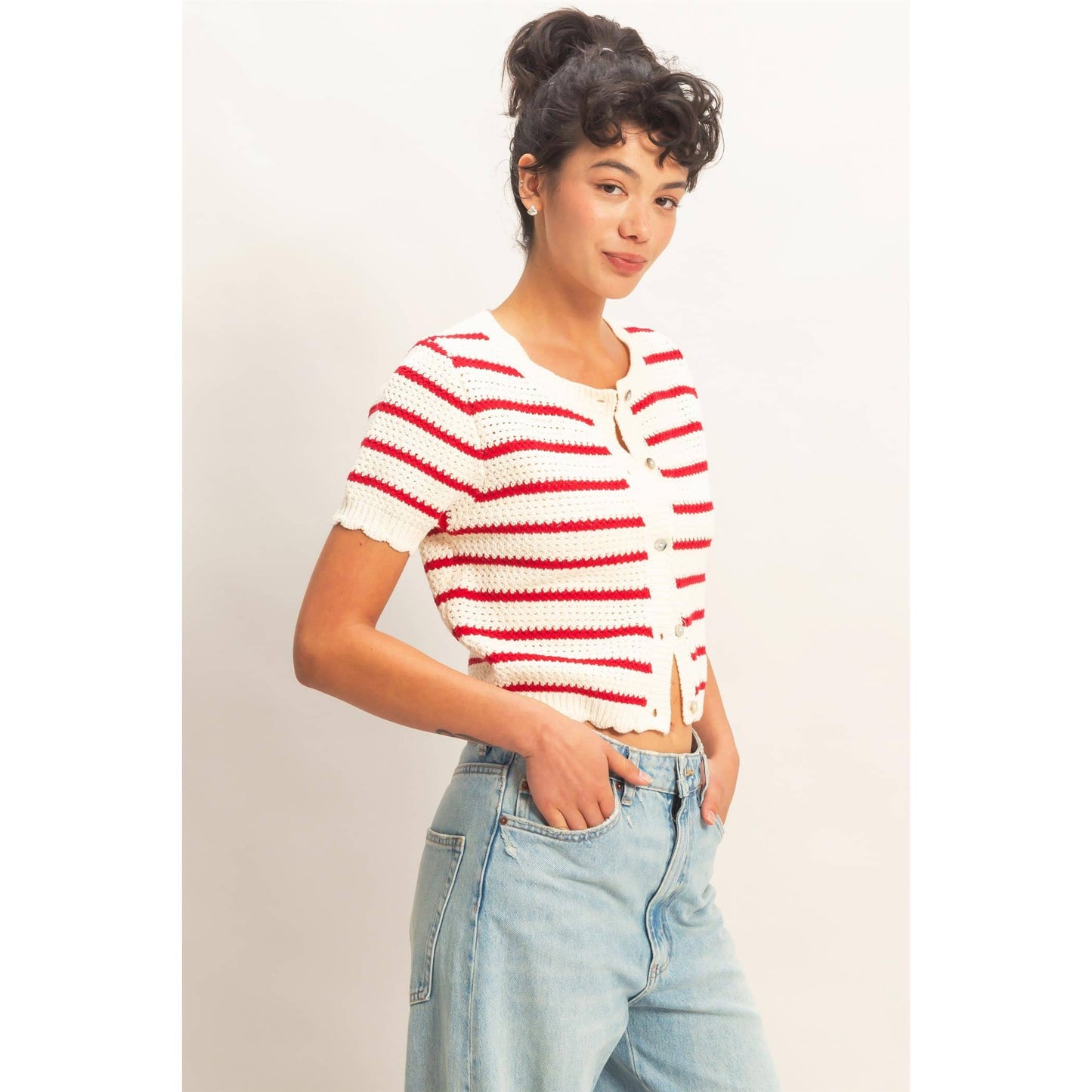2012 Striped Short Sleeve Cardigan With Scallop Edge