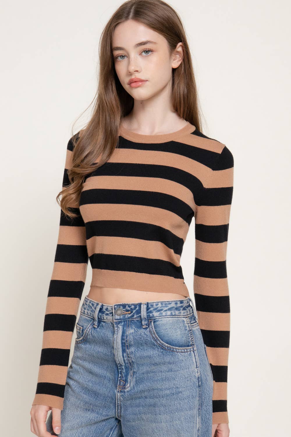 2139 Long Sleeve Crew Neck Stripe Fitted Sweater